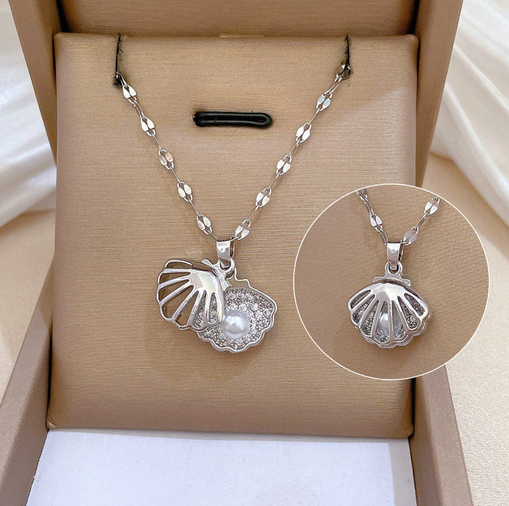 Diamond Zircon Hollow Shell Pearl Necklace