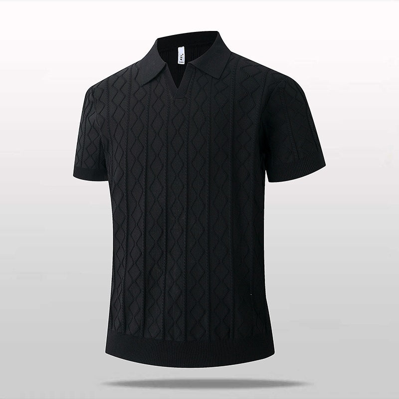 Knitted V-Neck Polo Shirt Short Sleeve