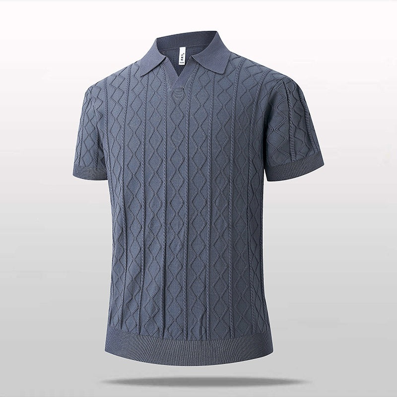 Knitted V-Neck Polo Shirt Short Sleeve