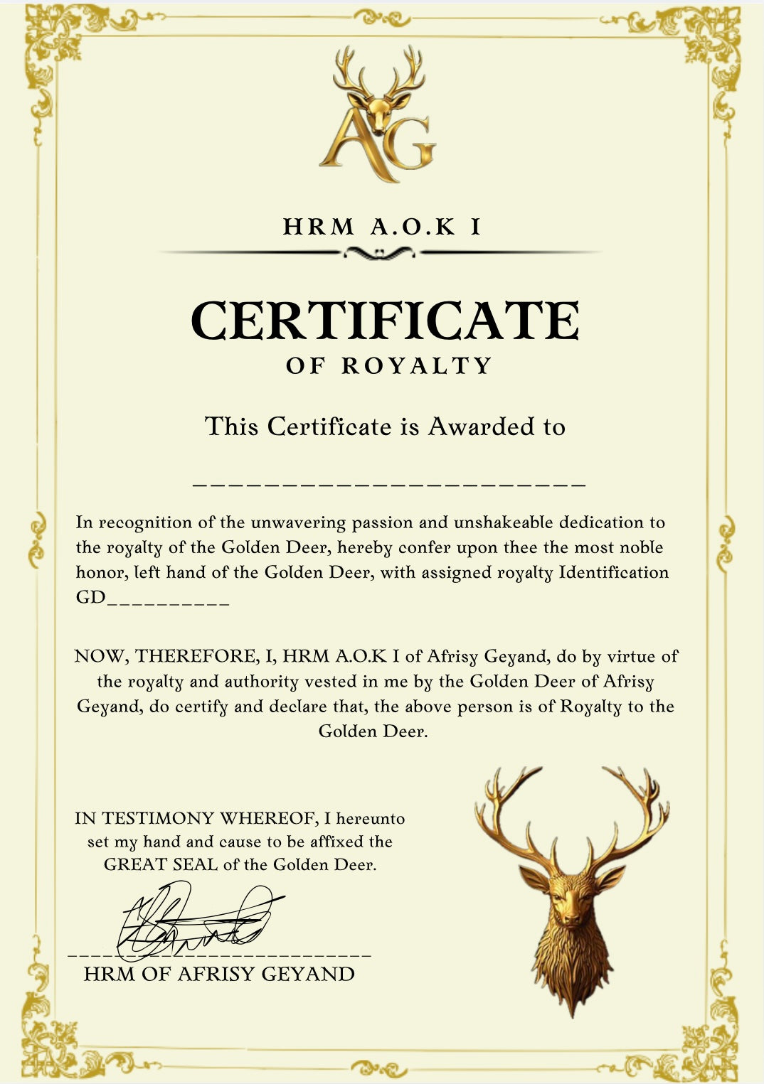 Golden Deer Royalty Certificate.
