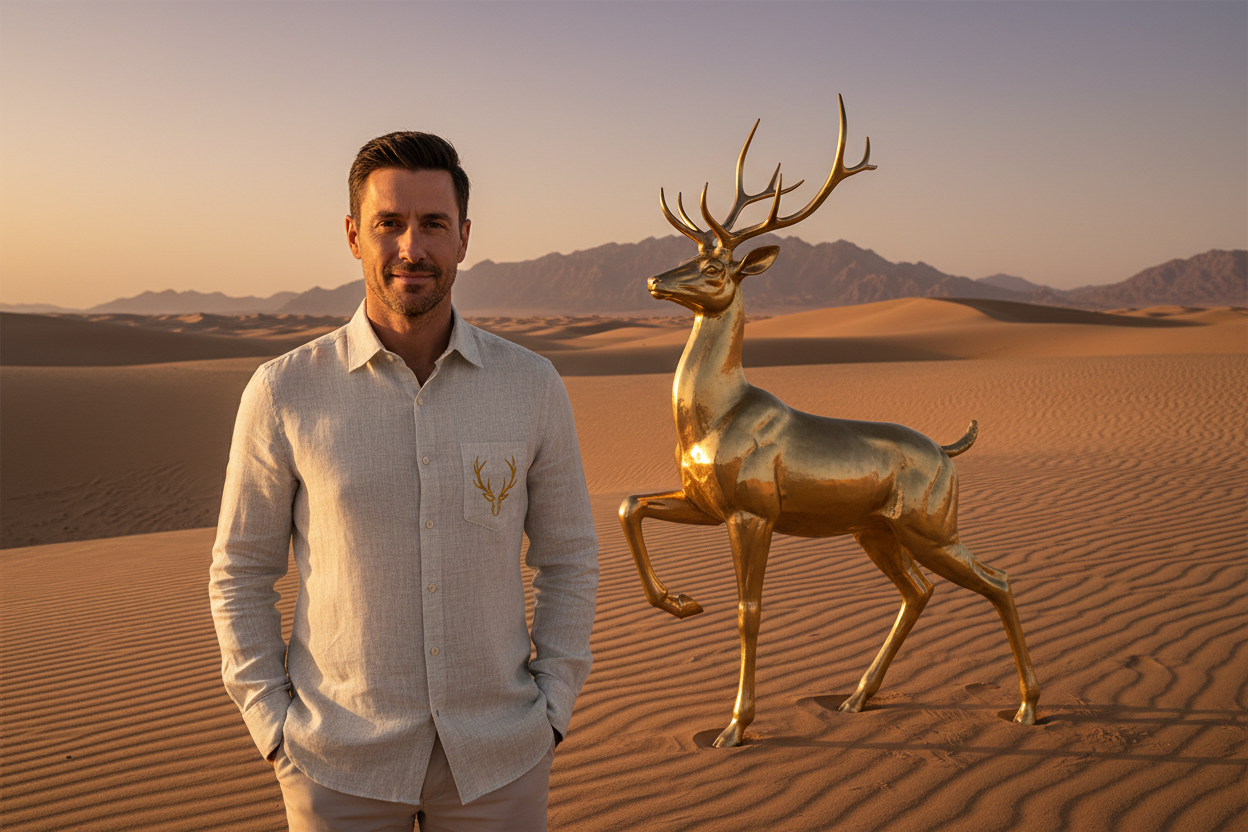 A man wearing a nice designer shirt with an antler logo beside a golden deer in the desert 