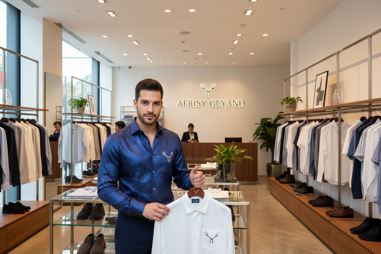 A man wearing a nice designer shirt with an antler logo inside a fashion apparel shop called AFRISY GEYAND filled with shirts, shoes with antler logos