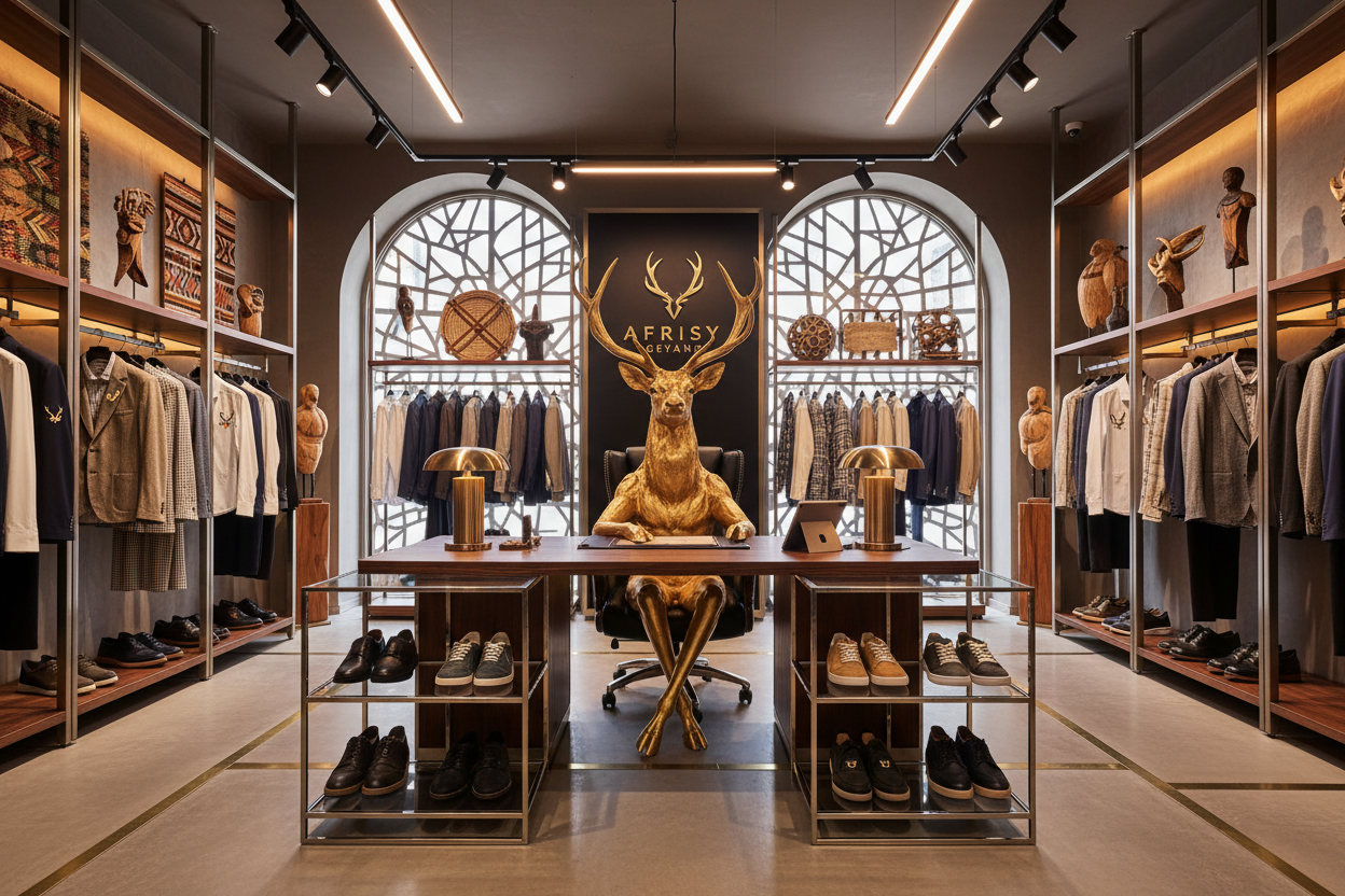 A men apparel fashion shop called AFRISY GEYAND filled with shirts, and shoes with antler logos managed by a golden deer seated in the ceo chair.