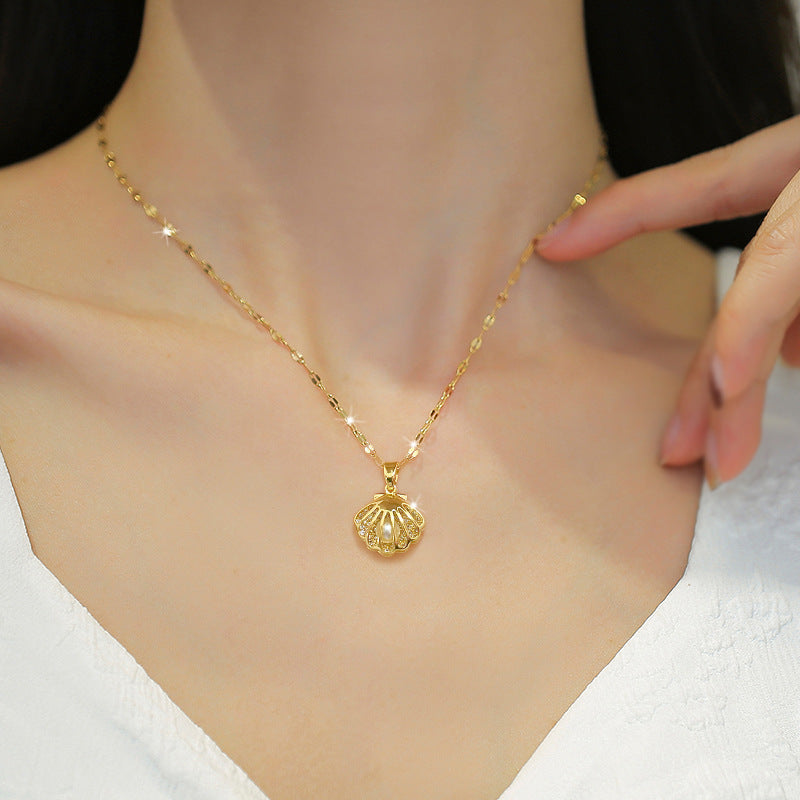 Diamond Zircon Hollow Shell Pearl Necklace