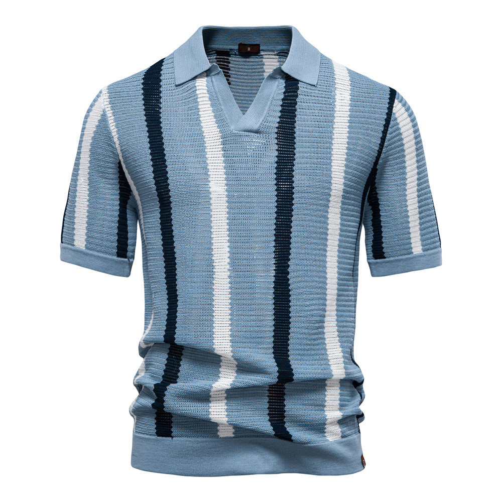 Breathable Striped Knitted Polo Shirt