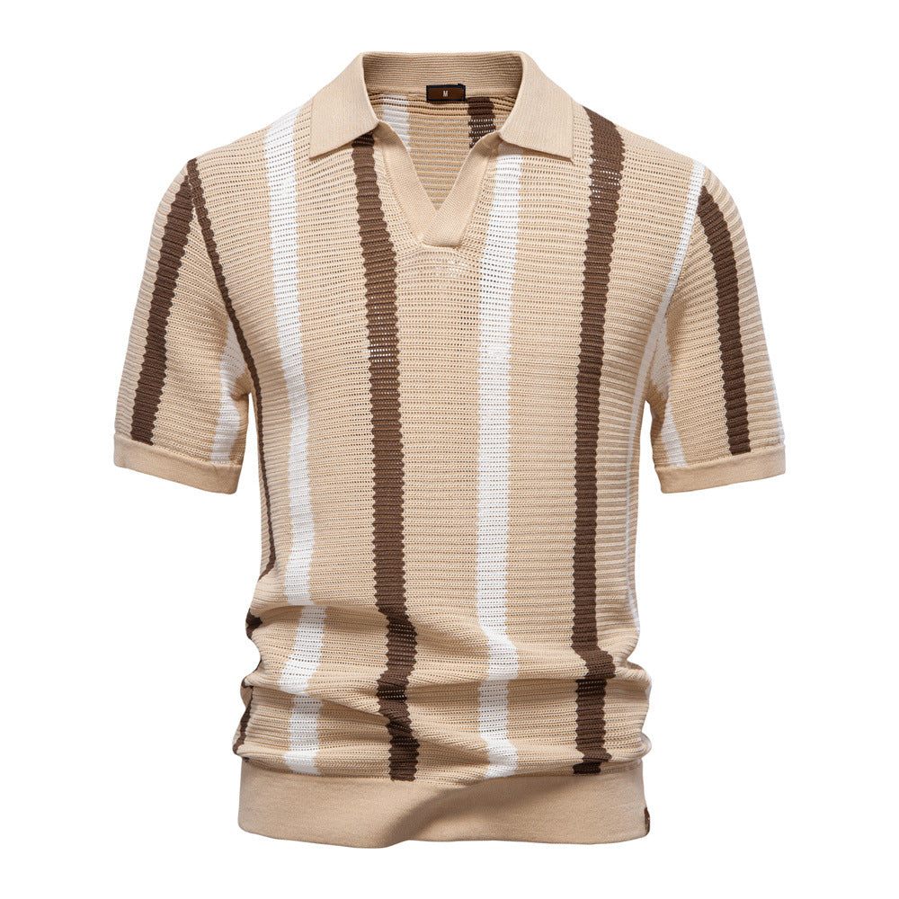 Breathable Striped Knitted Polo Shirt