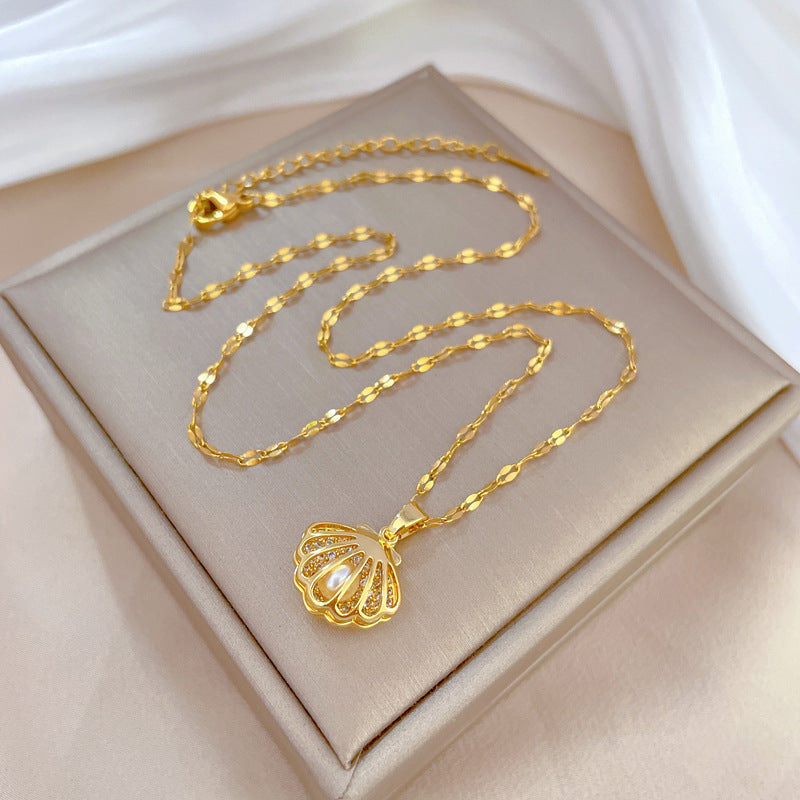 Diamond Zircon Hollow Shell Pearl Necklace