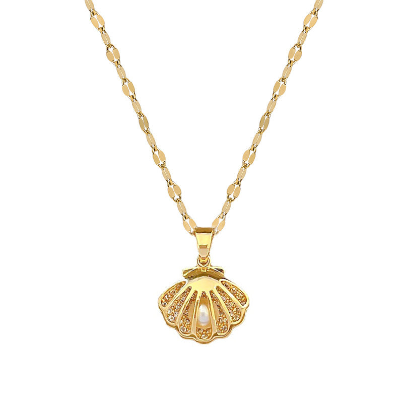 Diamond Zircon Hollow Shell Pearl Necklace