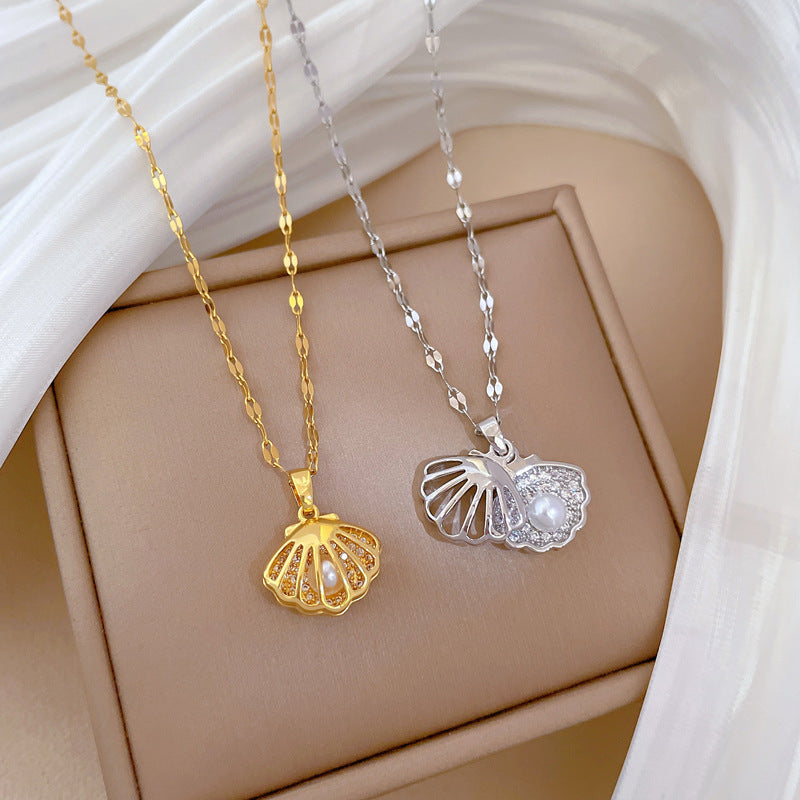Diamond Zircon Hollow Shell Pearl Necklace