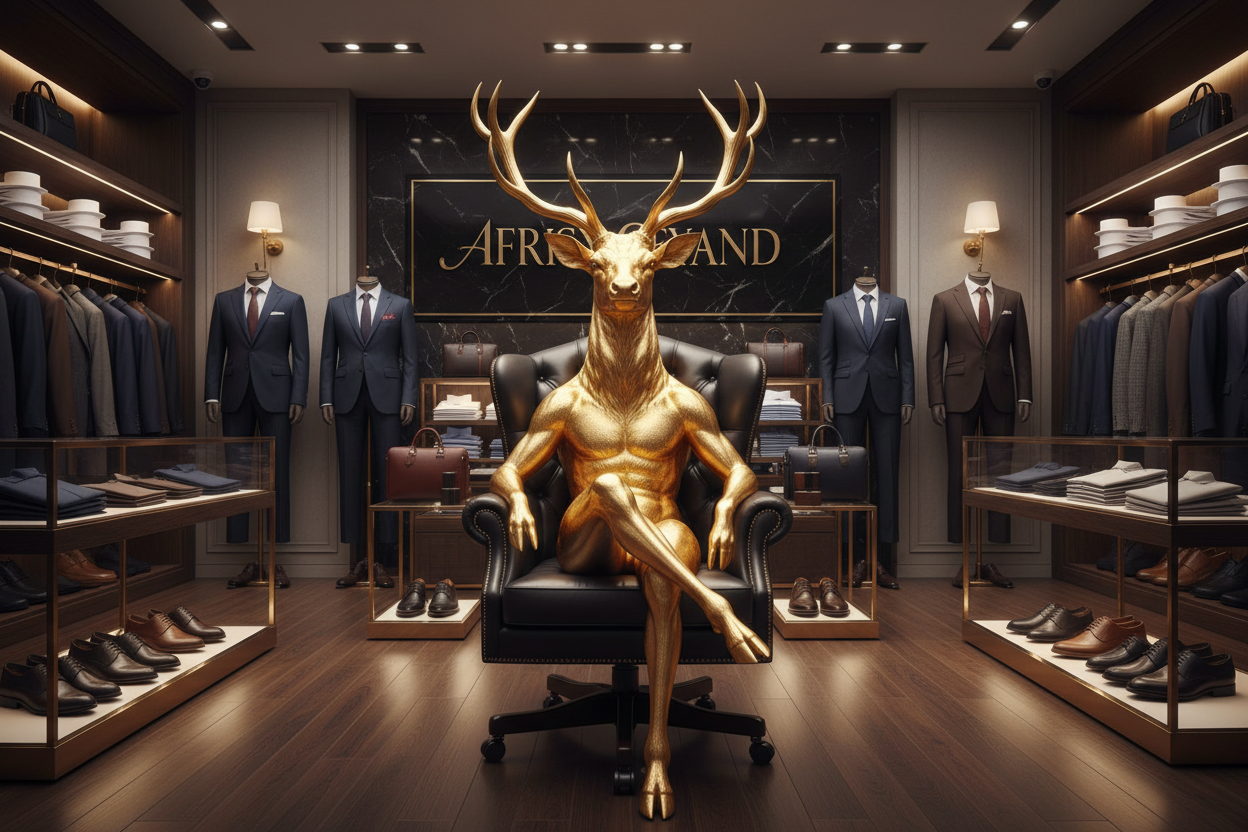 Golden deer seated in the ceo chair in a men luxury apparel fashion shop called AFRISY GEYAND filled with shirts, shoes, men bags, suits and polos 
